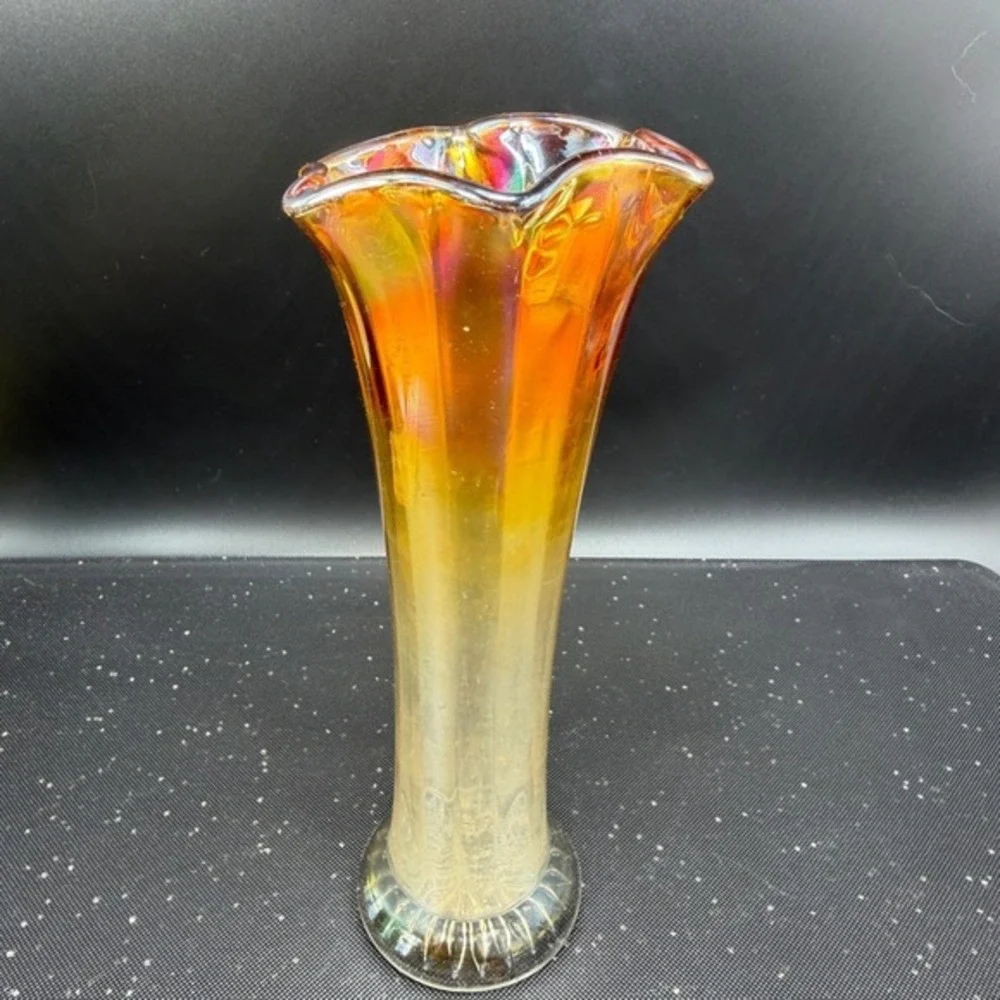 Vintage Marigold Carnival Glass‎ Iridescent Ruffled Trumpet Vase 8 Inch Sunburst